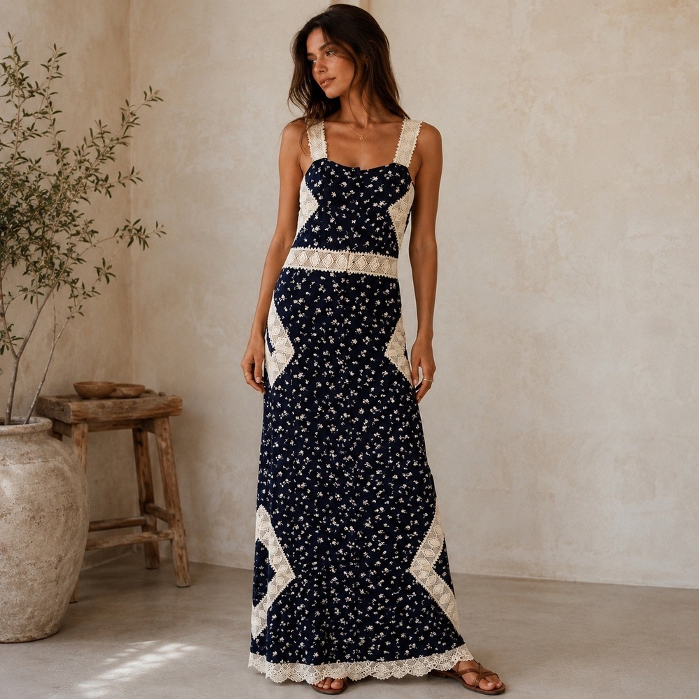 Ninas by Stone Cold Fox XS Black Floral Crochet Lace Trim Button Maxi Dress